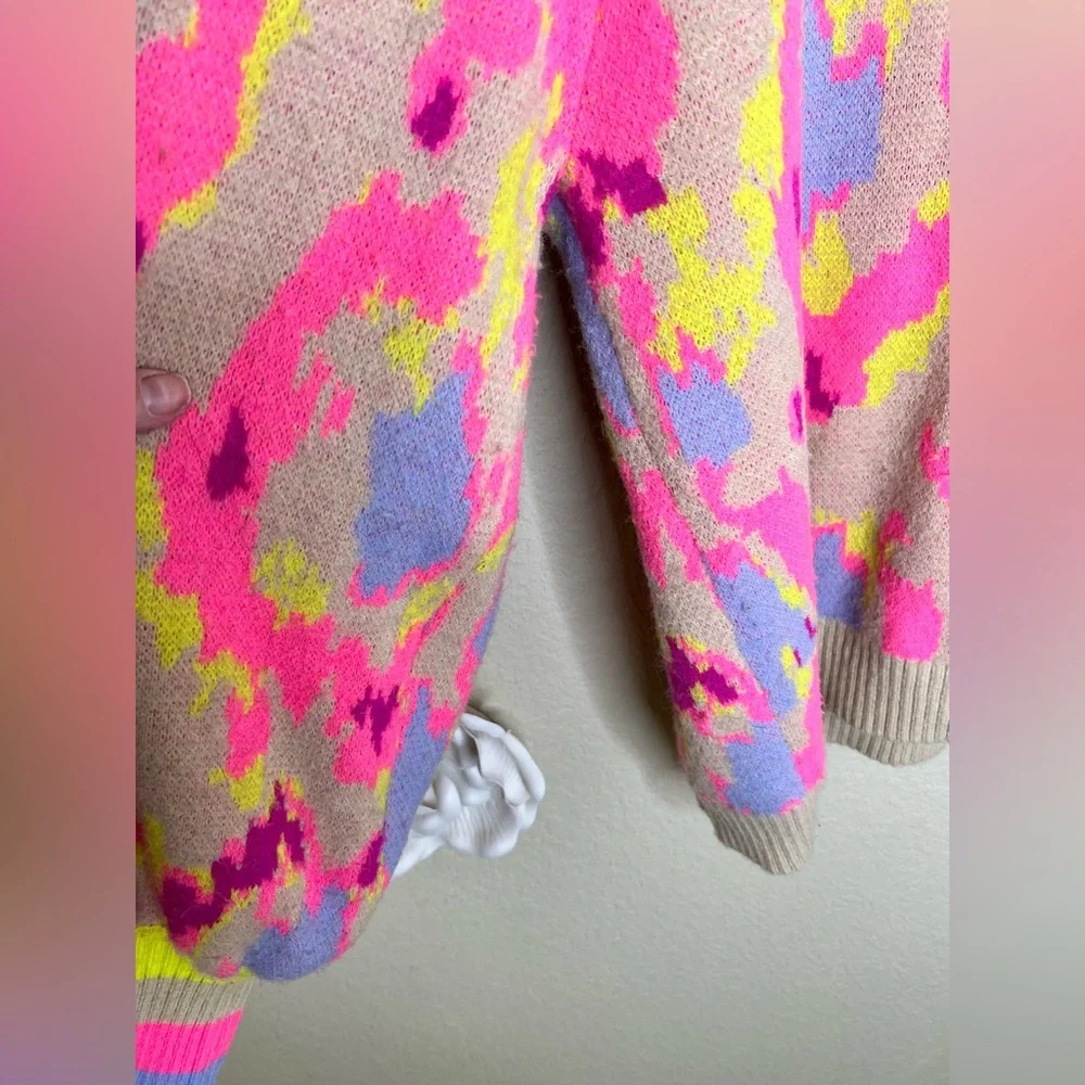 NTM Jodifl Abstract Print Sweater Neon Pink Taupe Balloon Sleeve Pullover Size L - Picture 16 of 16